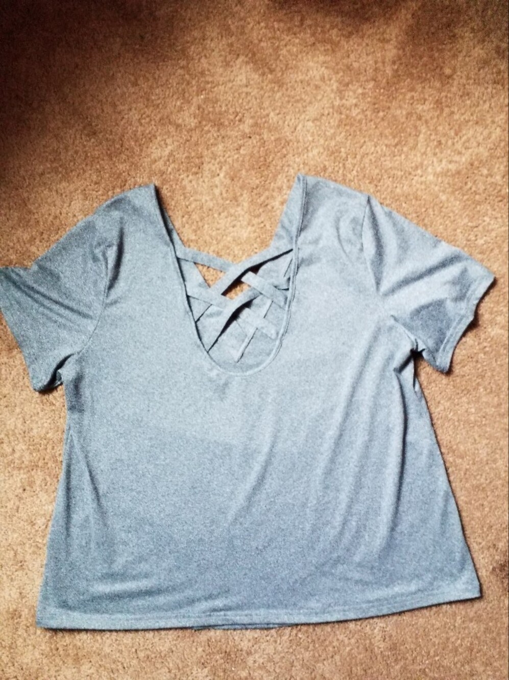 SHEIN Heather Gray Short Sleeve Top with Crisscross Back